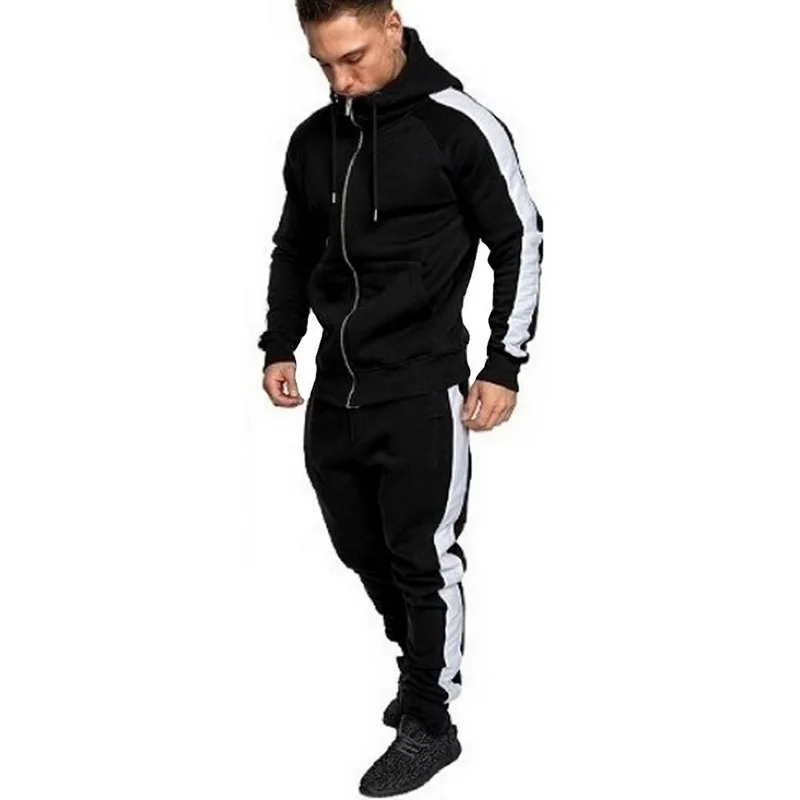 

PUIMENTIUA 2 Pieces Sets Tracksuit Men Brand Autumn Winter Hooded Sweatshirt +Drawstring Pants Male Stripe Patchwork Hoodies