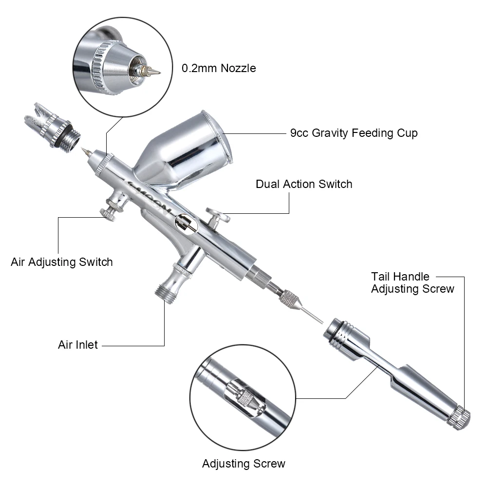 

KKmoon Dual Action Gravity Feed Airbrush with 1.8m Hose 0.2mm/0.3mm/0.5mm Needle 9cc Cup Air Brush for Art Painting Spray Gun