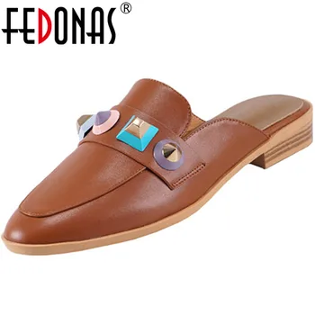

FEDONAS Color Mixed Genuine Leather Women Pumps Slingbacks Thick Heels Sandals Concise Casual Mules Spring Summer Shoes Woman