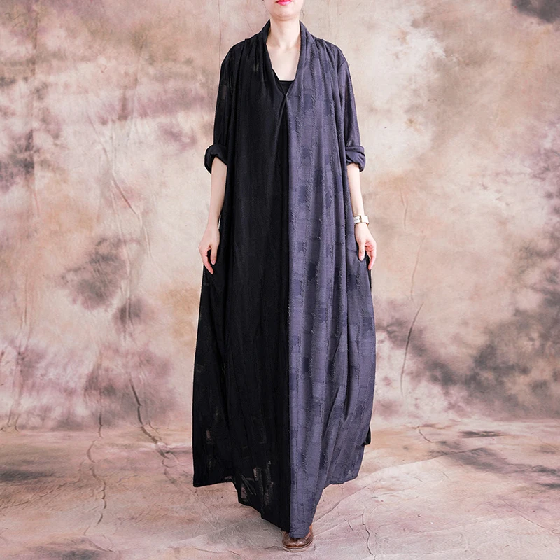Johnature Patchwork New Autumn Casual Plaid Cotton Linen Maxi Dress Loose Full Sleeve V-neck Fashion Women Dresses