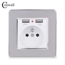 Coswall Новинка 16А французский стандарт настенная розетка из нержавеющей стали Панель розетка 2.1A двойной usb-порт для зарядки для мобильного