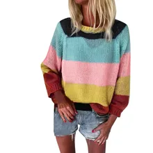 Модный осенний Повседневный полосатый Радужный свитер, женская блузка с длинным рукавом, топы, высококачественные повседневные пуловеры, вязаный женский свитер