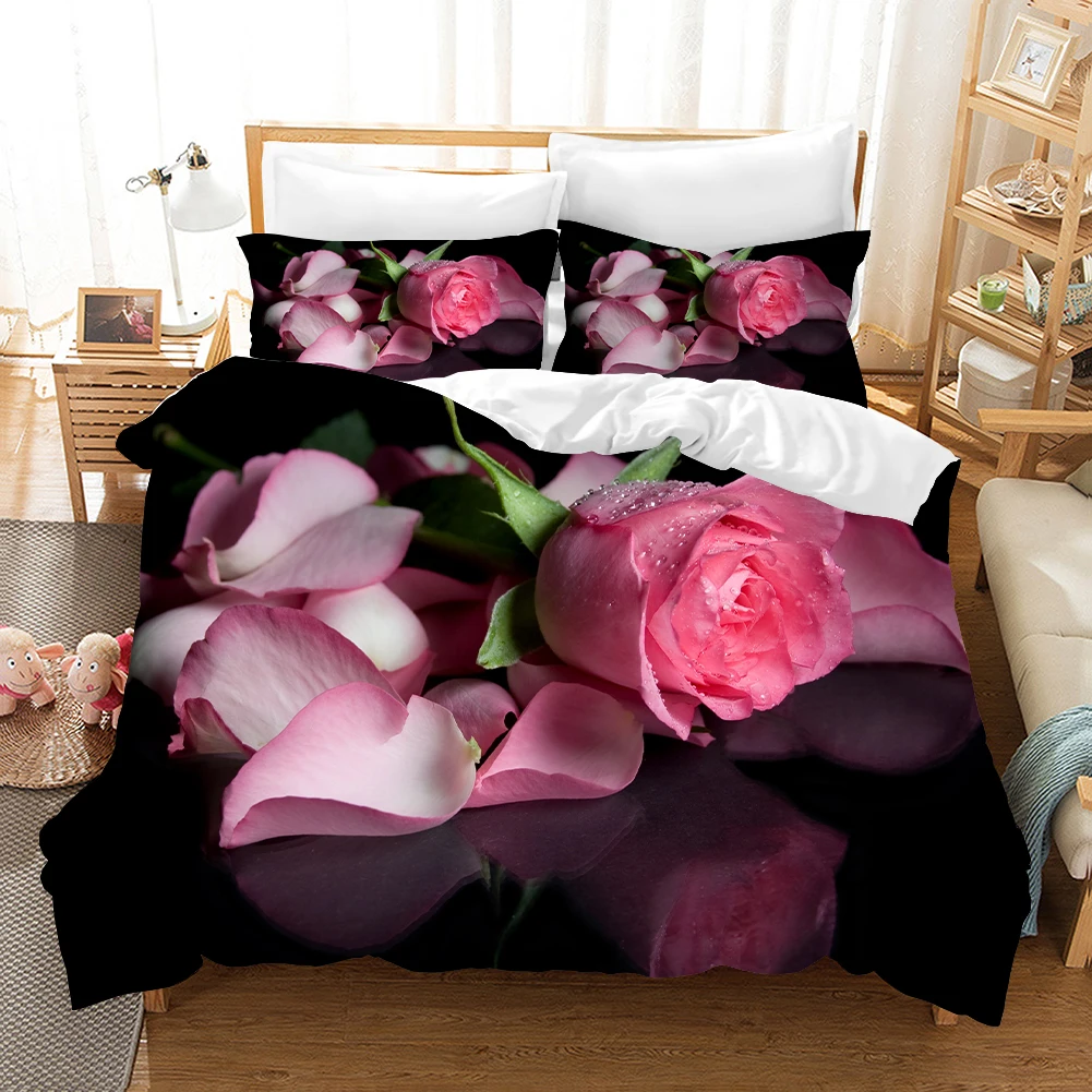 Pink Roses Bedding Set Romantic Mew Flowers Duvet Cover Sets Comforter