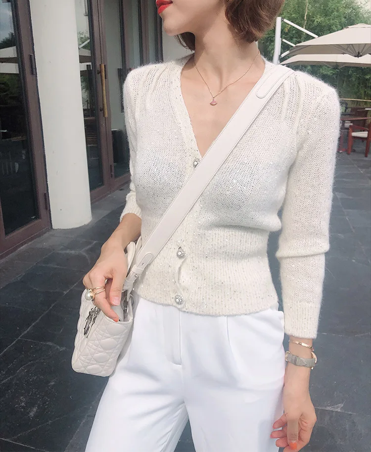 

Women Long Sleeve V Neck Slim Fit White Or Grey Cardigan Sweater With Button Closure - Latest Fashion Knitted Jumper