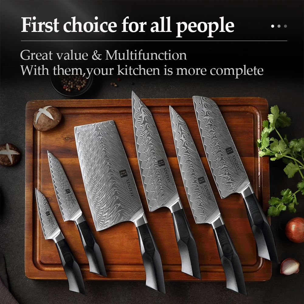 XINZUO 6 PCS Knife Set VG10 Damascus Steel Slicing Chef Santoku Carving Big Cleaver Meat  Paring Kitchen Knife Set G10 Handle