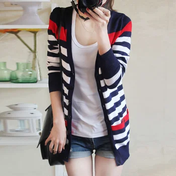 

Spring And Autumn Women's Commuter Long Sleeve Slim Striped Knit Cardigan Cardigan Sea Soul Wind Sweater Coat