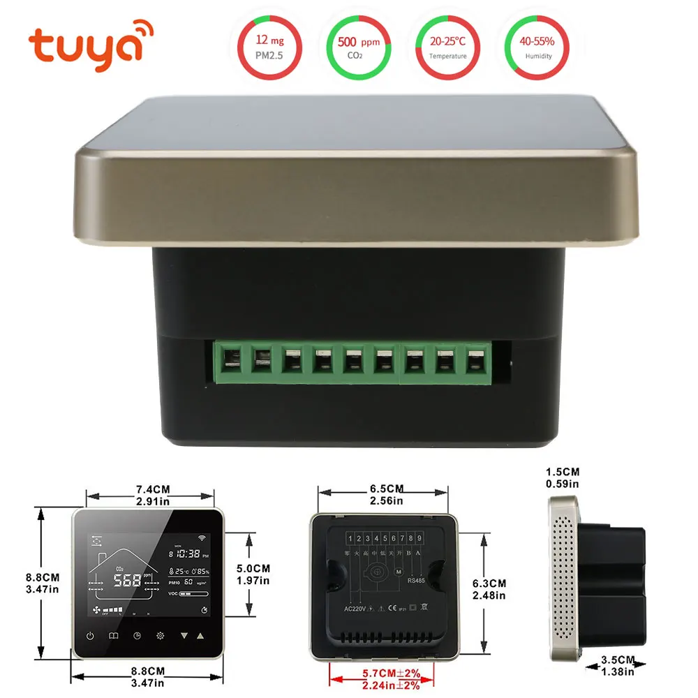 

Система вентиляции TUYA App PM2.5 PM10 Voice CO2, отображение температуры и влажности, настройка времени, Wi-Fi управление, умное управление