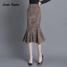 1 шт., юбки с завышенной талией, женские юбки с рыбий хвост, осень, шерстяная комбинированная леопардовая юбка с принтом, женские Обтягивающие юбки-трубы