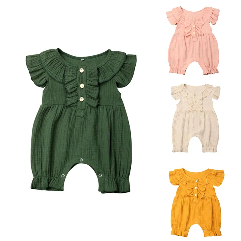 

0-24M Toddler Kids Baby Girl Solid Cotton Romper Jumpsuit Newborn Infant Girls Palysuit Flysleeve Overall Sunsuit Outfit Clothes