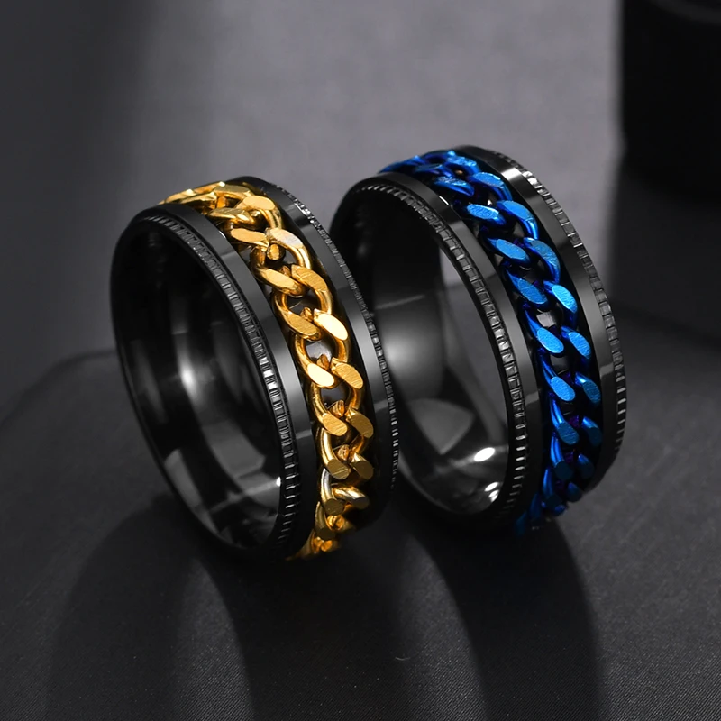 Spark Punk 8mm Stainless Steel Spinner Rings Gold Color Rotatable Chain Ring Male Wedding Bands Birthday Gift For Men Boy Anillo