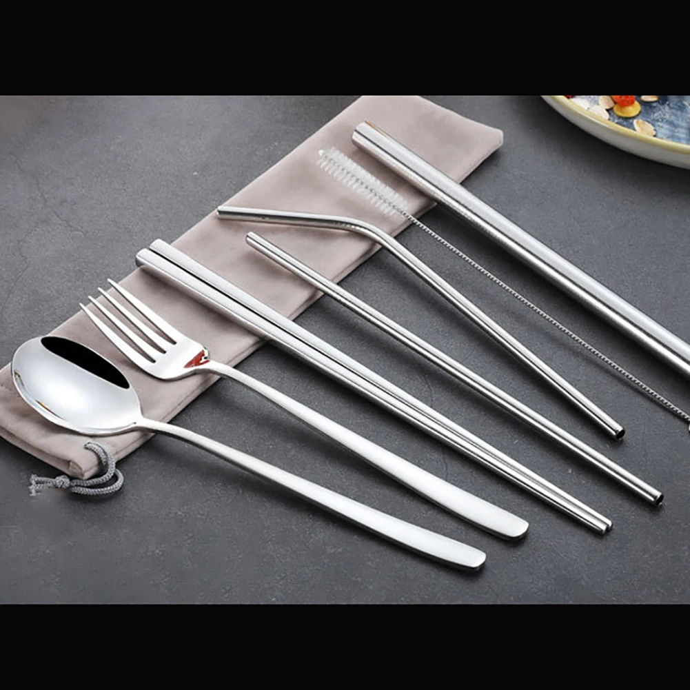 Hot 8Pcs Stainless Steel Tableware Kit Chopsticks Spoon Fork Straws Cutlery Set New