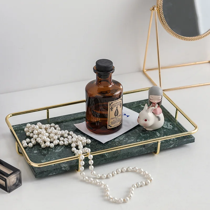

New Nordic Light Luxury Metal Rod Marble Storage Tray Hotel Household Bathroom Room Cosmetics Rectangular Tray Decoration Crafts