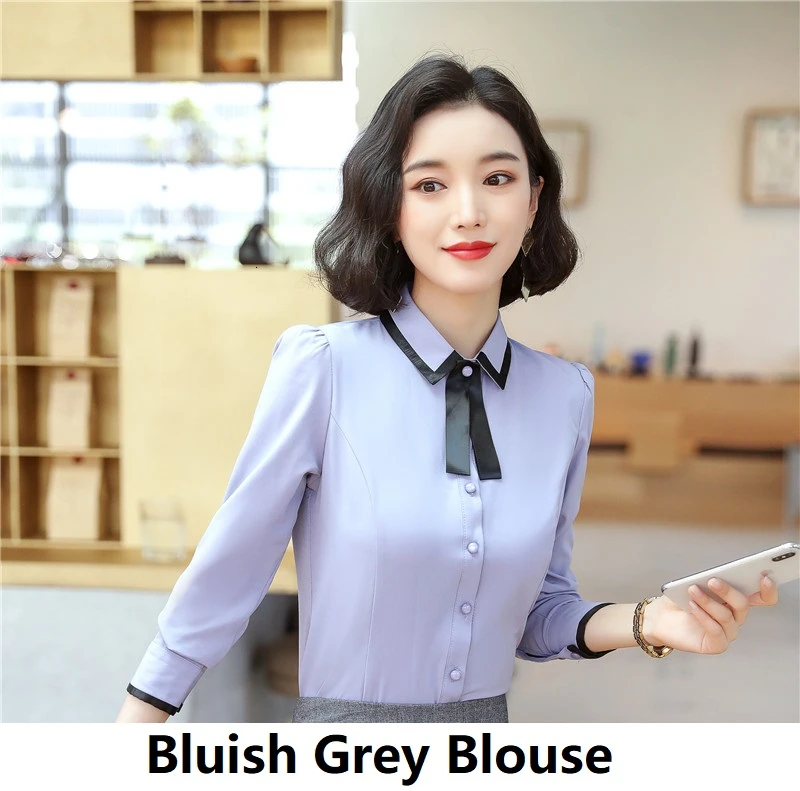 Bluish Grey Blouse Высокое качество ткань весна осень для женщин Формальные Деловые костюмы OL стили Профессиональный брючный костюм дамы Офис Рабочая одежда блейзеры - Цвет: Bluish Grey Blouse