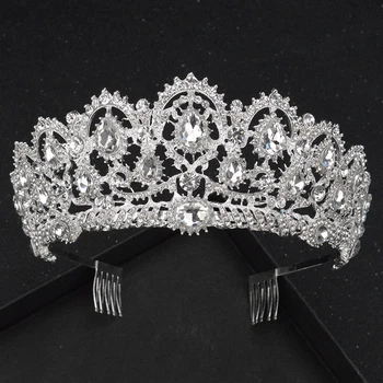 

Luxury European Bride With Comb Crown Fashion Wedding AB Crystal Hair Accessories Handmade Girl Rhinestone Headdress Decoration