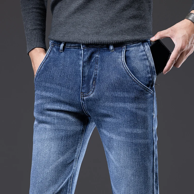 Brand Spring Autumn Winter Men's Anti-theft Zipper Jeans Smart Casual Regular Straight Stretch Blue Smoky Gray | Мужская одежда