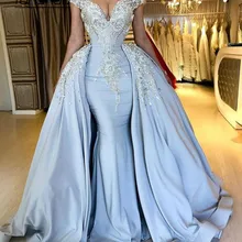 С открытыми плечами вечернее светло-голубое платье съемный шлейф кружева Robe De Soiree Дубай Саудовская арабское вечернее платье выпускное платье vestidos