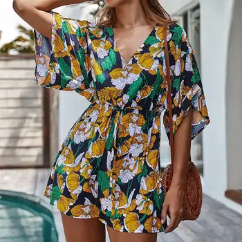 

Women Sexy Jumpsuit 2020 New Summer Floral Printing Loose Short Sleeve V Neck Short Playsuit Female Boho Beach Romper Overalls