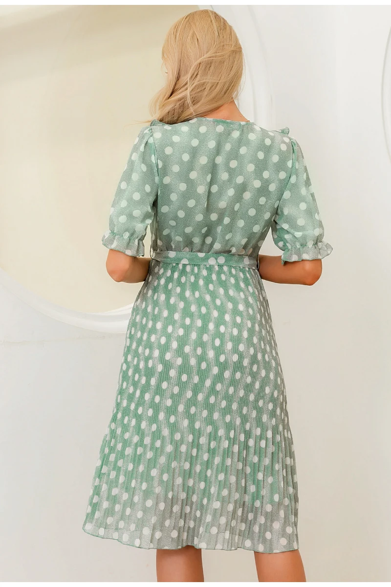 Simplee Elegant dot print women summer dress Short sleeve ruffle sash female midi dress Pearl buttons a-line ladies green dress