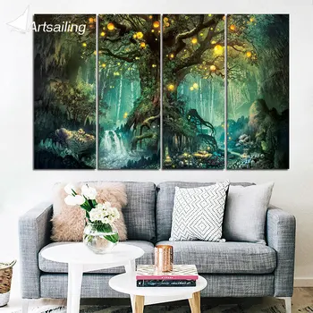 

4 pieces Wall Art HD print Picture Enchanted tree firefly Gift Home Decoration Canvas painting living room printed on canvas