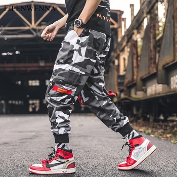 

LIFENWENNA Men Ribbons Camouflage Side-Pockets Cotton Cargo Pants 2019 Harem Joggers Harajuku Sweatpant Hip Hop Trousers 4XL 5XL