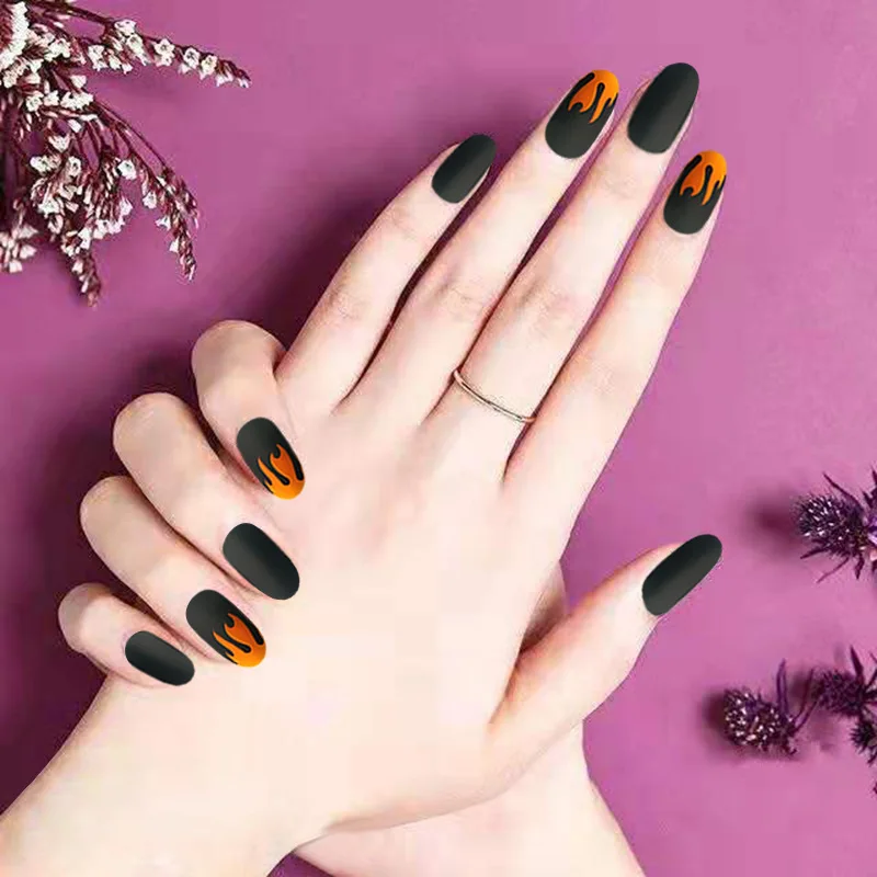

Nusx 24pcs Punk Fire Fake Nails Matte False Nails Dark Black Pre-design Short Round Head Full Cover Nail Tips Decoration FA042