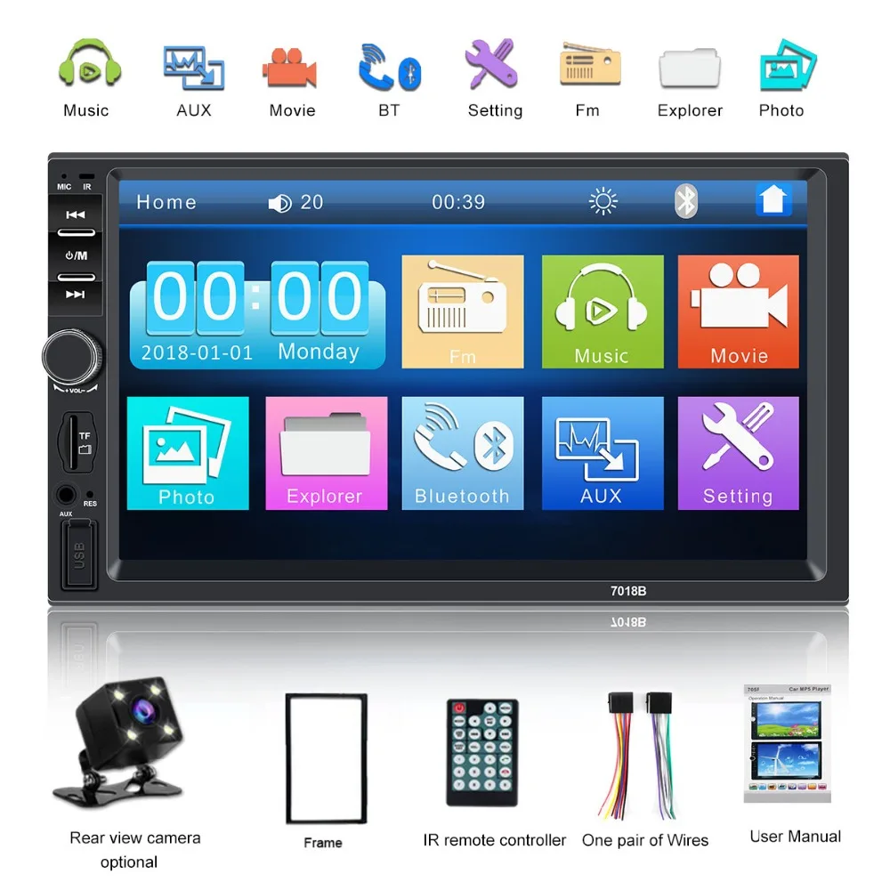 

Caroad 2 Din Car Radio Player General 7'' inch LCD Touch Screen Player Bluetooth Audio Support Rear View Camera+ steering wheel