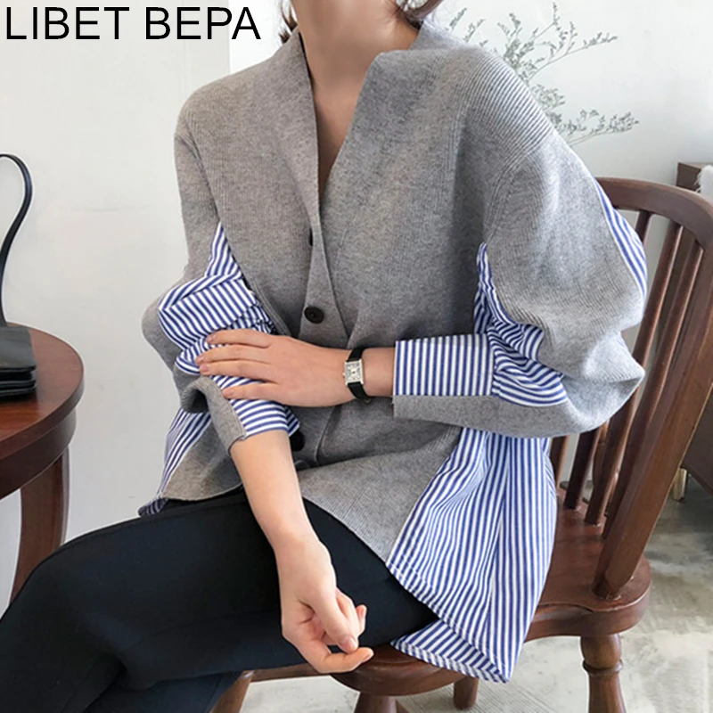 

New 2019 Autumn Women's Sweaters Patchwork Srtiped Knitting V-Neck Cardigans Casual Single Breasted Loose Tops SW7704