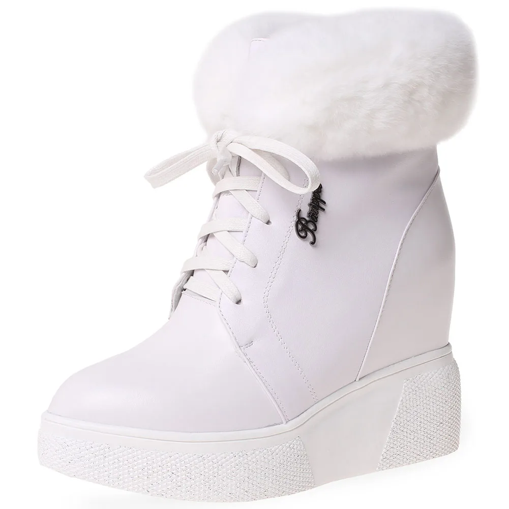 RIBETRINI/новые женские зимние ботинки; коллекция года; зимняя обувь на меху со шнуровкой на скрытой танкетке; женские ботильоны с высоким берцем на платформе с круглым носком - Цвет: Белый