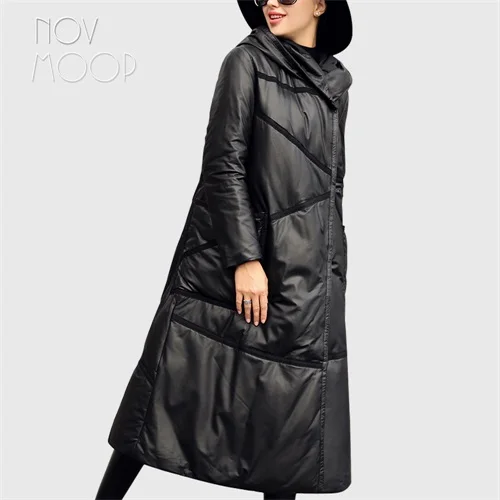 Novmoop high street women winter black hooded sheepskin genuine leather long down coat with button decor manteau femme LT2943 - Цвет: Black