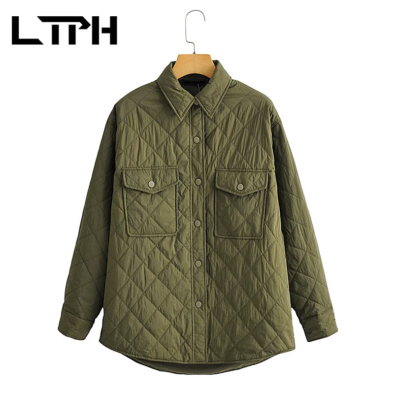 

LTPH simple Tooling style Argyle Thin warm coat woman parkas long sleeve single breasted winter jacket outerwear 2020 Winter New