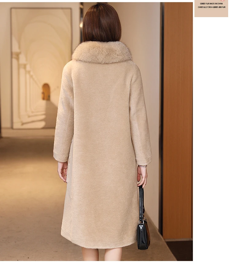 Vintage Long Sheep Shearing Jacket Women Winter Natural Fox Fur Collar Real Fur Coat Female Wool Jackets Fur Top Hiver 9909