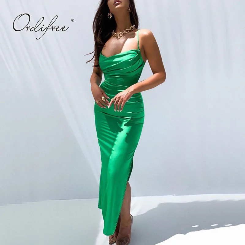 

Ordifree 2022 Summer Women Long Satin Slip Dress Backless Spaghetti Strap Sexy Bodycon Green Slit Maxi Party Dress