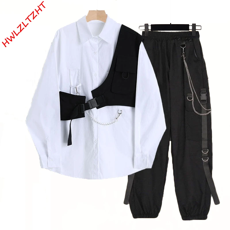 track suit set 2022 Spring Autumn 3 Piece Suit Set Harajuku BF Loose White Blouse+Vest+Chian Cargo Pants Unisex Streetwear Cargo Pants ladies coat pant suit