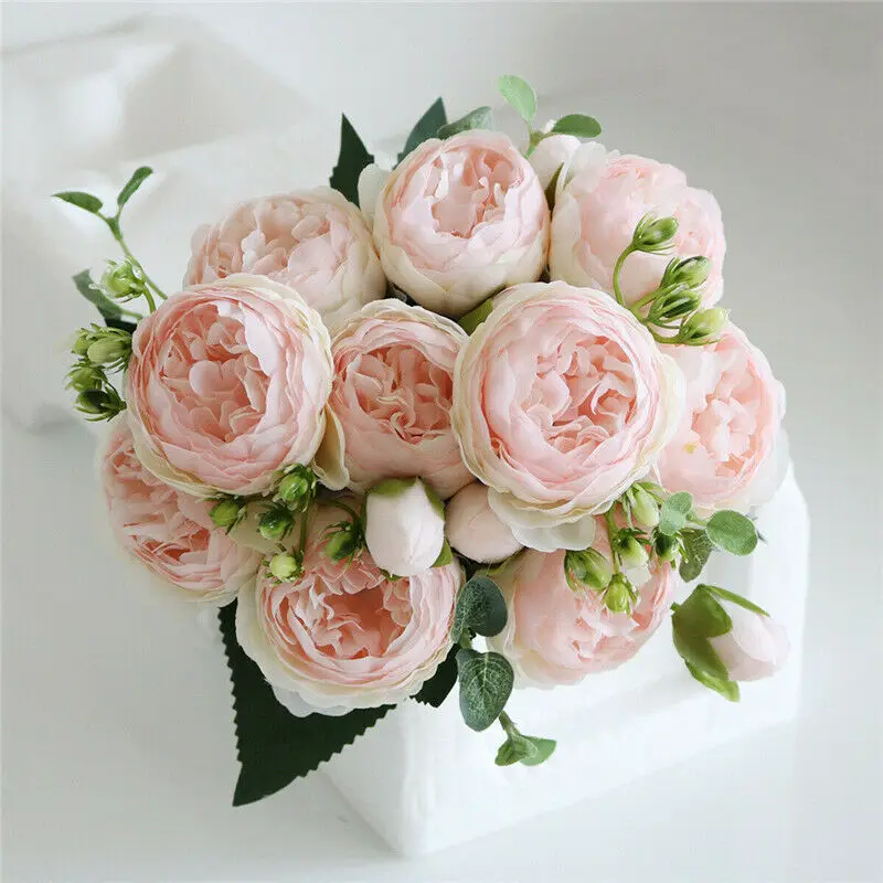 9 Heads Artificial Flowers Silk Peony Bouquet Fake Rose Wedding Home Party Decor 