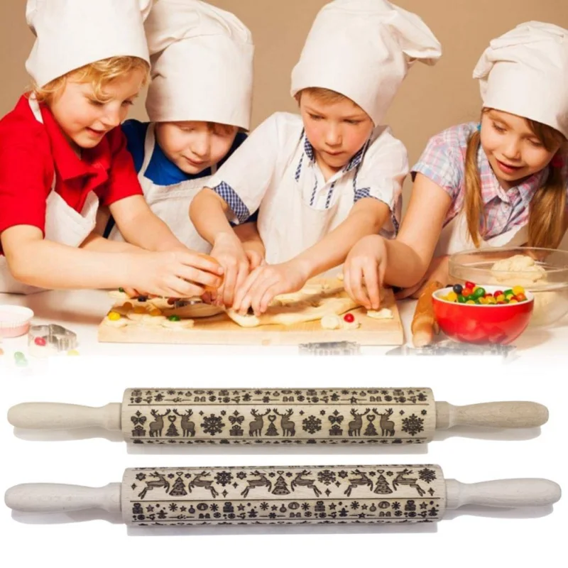 Christmas Wooden Rolling Pins Reindeer Engraved Embossing Decorative Rolling Pin For DIY Cookies Cake Fondant
