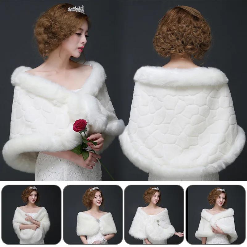 Women Wedding Cloak Ivory Faux Fur Shawl Bridal Winter Warm  Fashion Elegant Bolero Wrap Shawl Bride Jacket Coat Accessories janevini white red faux fur bridal wrap winter wedding women hooded shawl fur stole shrugs cloak fausse fourrure blanche mariage