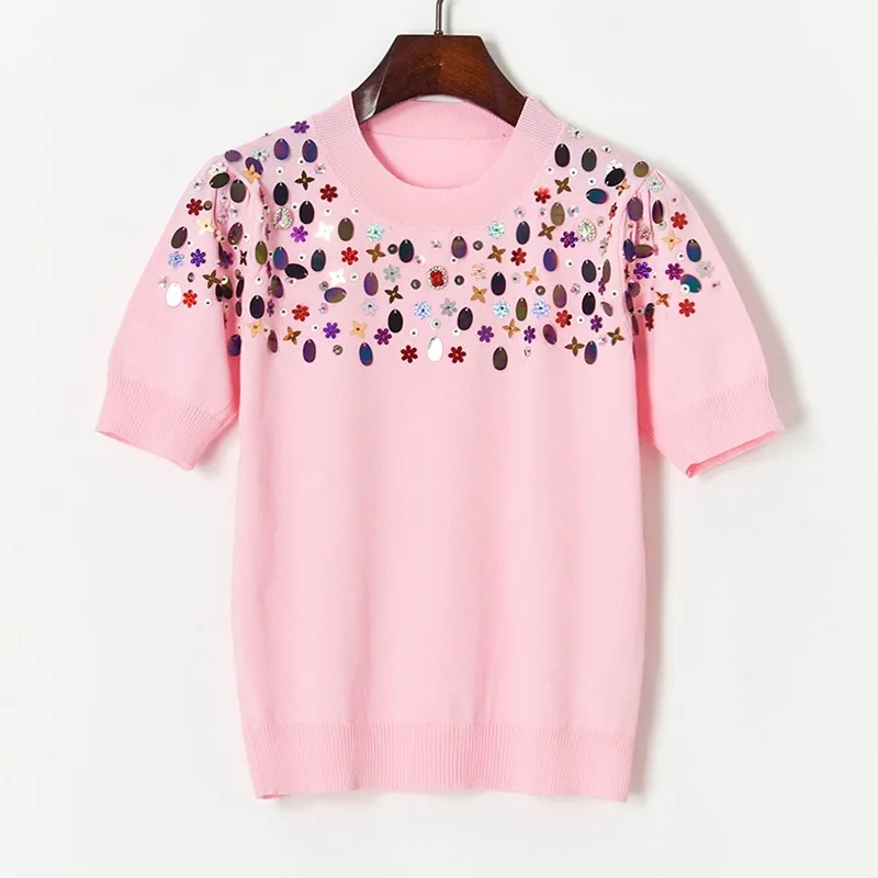 

Pink T Shirt Women 2021 Thin Sweater Shirt Fashion Summer Tops Colorful Beaded O-Neck Puff Sleeve Tops Woman Tshirts