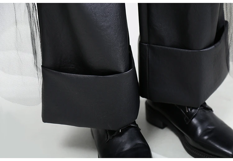 Новинка, корейский стиль, женские зимние черные широкие штаны из искусственной кожи, сетчатые Женские повседневные длинные штаны, женские брюки 5505