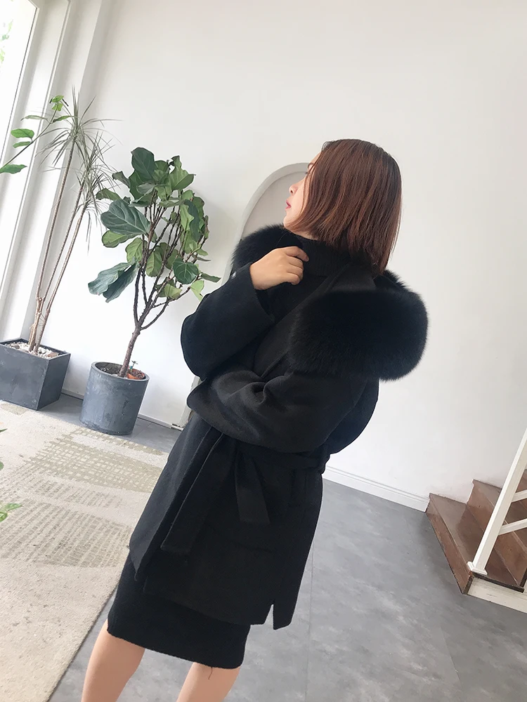 Women Wool Blend Coat fox Fur Collar Hooded jacket fashion new real fur coat long streetwear thick warm parka