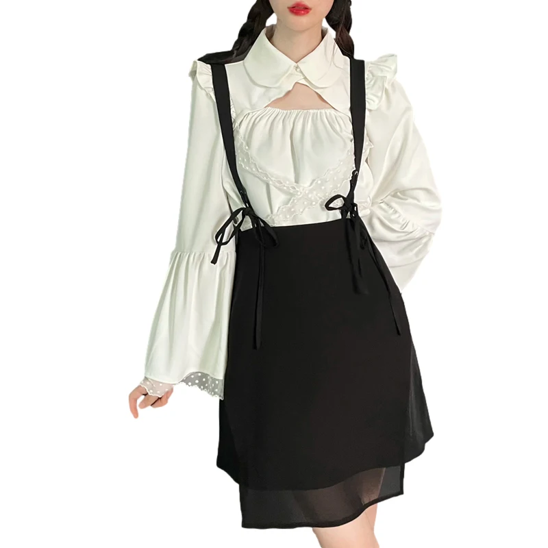 Harajuku Gothic Lace Up Mini Skirt Women Teen Girls Autumn Fashion Strap High Waist Black Irregular Mini Suspenders Skirts