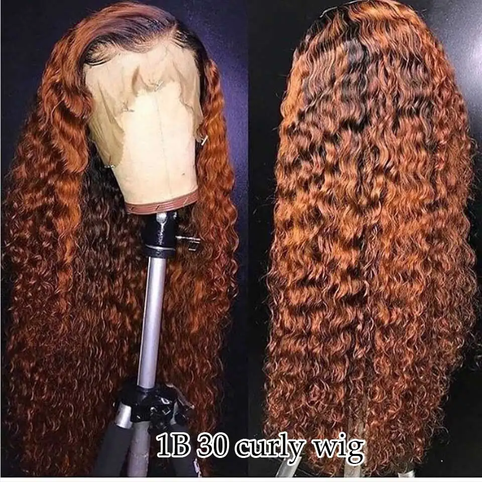 1b 30 curly wig Мёд блондинка с эффектом деграде(переход от темного к вьющиеся Синтетические волосы на кружеве человеческих волос парики с детскими волосами 13x6 оранжевый бразильский Фронтальная Закрытие парик для черных Для женщин - Цвет: 1b 30 curly wig
