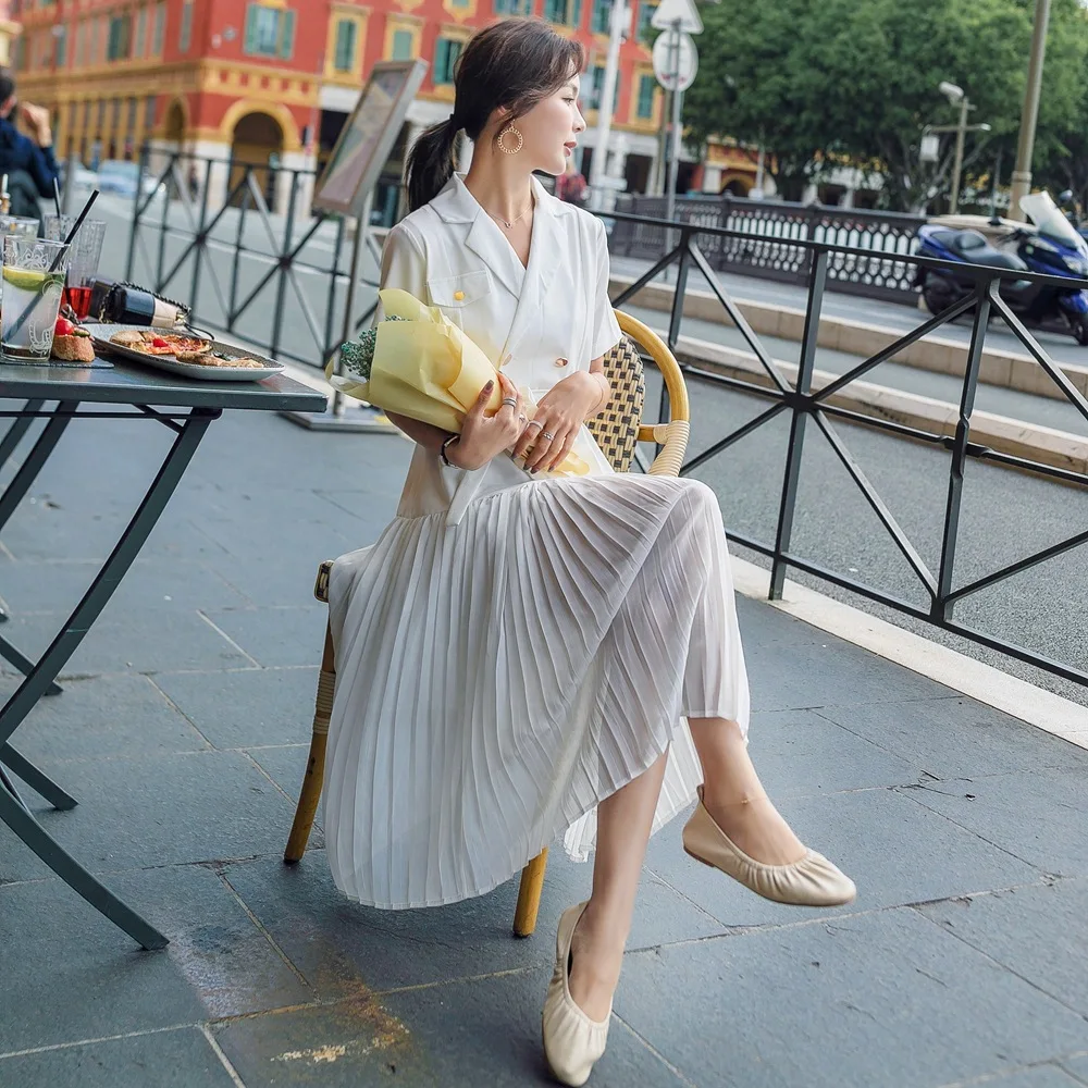 

France Non-mainstream Hepburn Wind Fairy Skirt 2019 Summer New Style Retro Double Breasted Waist Hugging Pleated Shirt Dress