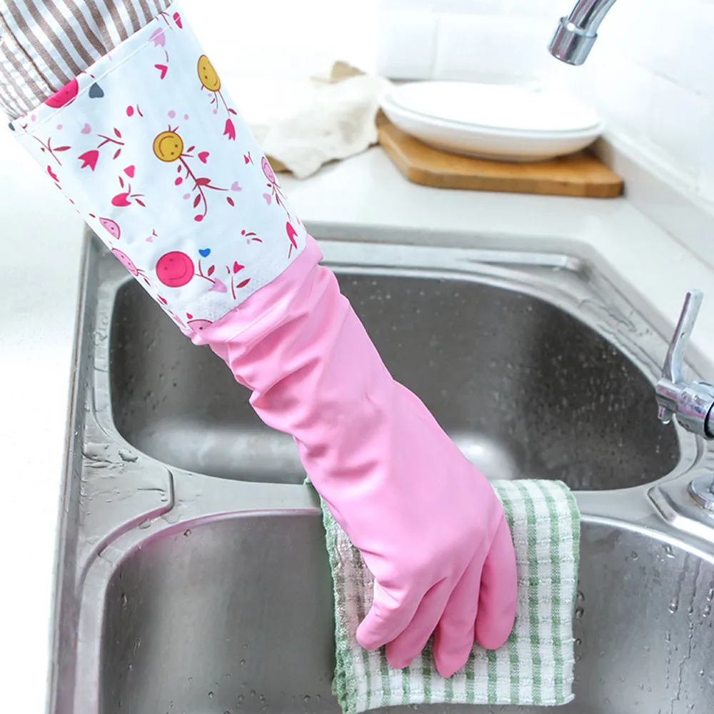 Kitchen Gloves Dishwashing House Cleaning Water-proof Rubber Washing Gloves Long Sleeve Gloves Cleaning Tools