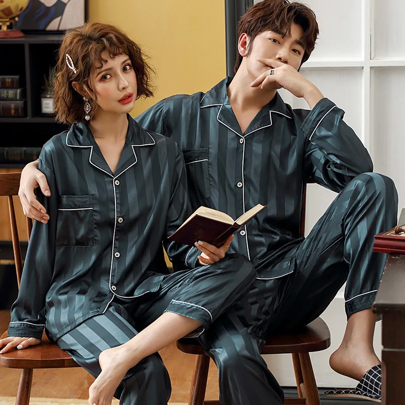 

Couple's Pajamas Spring and Autumn Viscose Fiber Long-Sleeved Men and Women Sexy Cardigan Simulation Silk Homewear Set