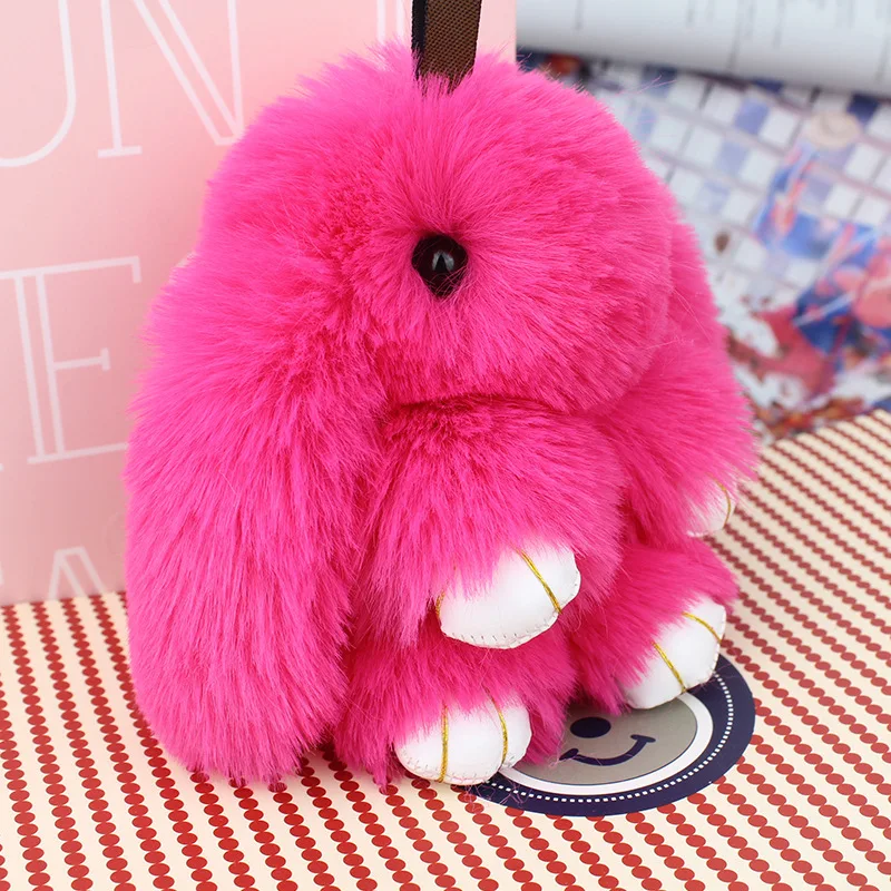 Cute Plush Bunny Keychain Women Fur Pom Pom Angel Rabbit Key Ring