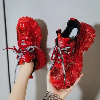 

Women Chunky Sneakers Designer Dad Shoes Platform Shining Black Red Ladies Ulzzang Fashion Leather Casual Shoes Woman 2020 New