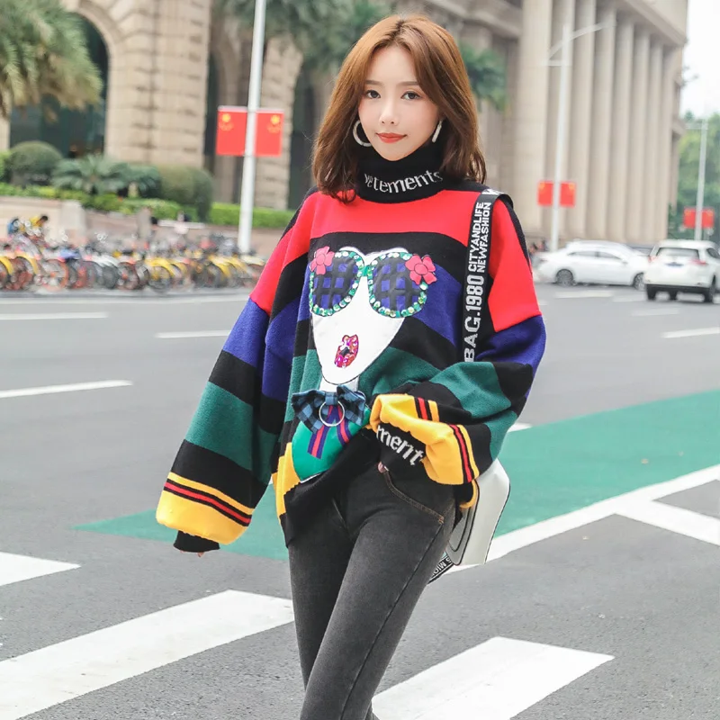Cartoon sweater female European station 2019 autumn high collar rainbow stripes loose puff sleeve jacket tide card | Женская одежда