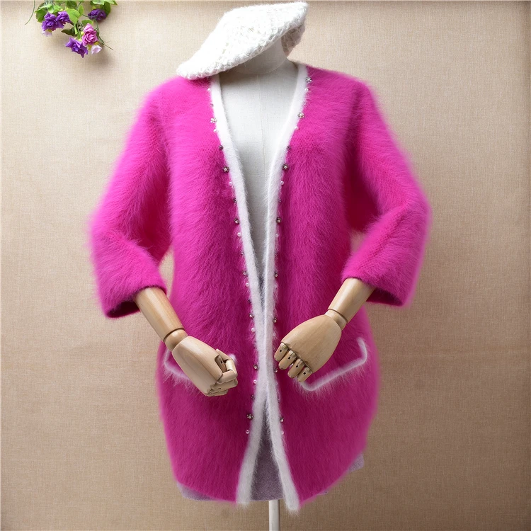 

female women pull rose hairy plush mink cashmere knitted half sleeves loose cardigan angora fur winter jacket coat sweater pull