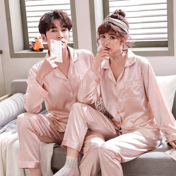 

Loose Satin Softy Home Clothing Lovers 2PCS Pajamas Suit Full Sleeve Sleep Set Nightwear Couple Turn-down Collar Sleepwear