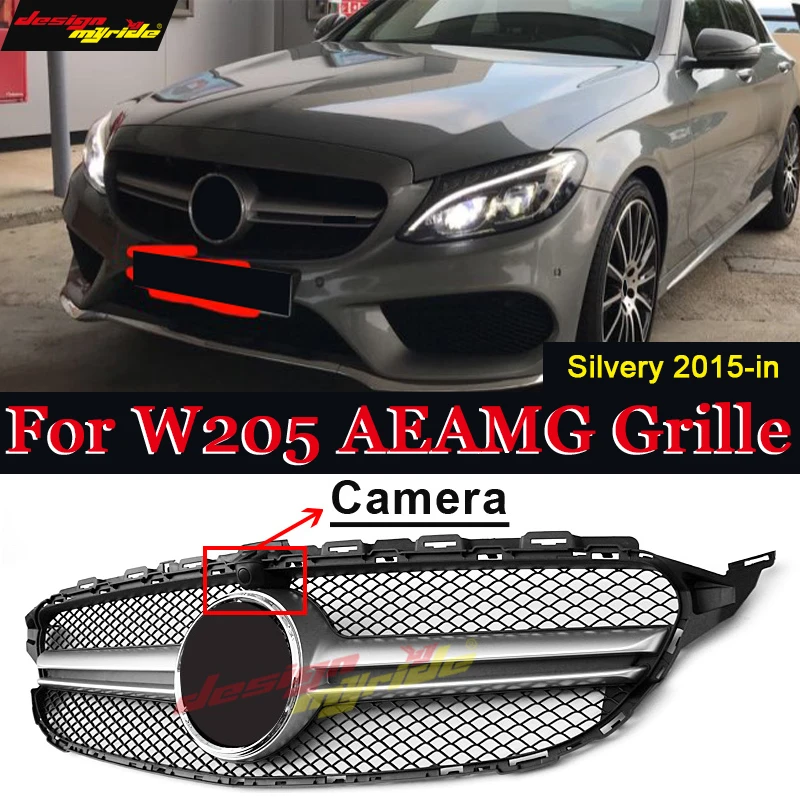 W205 из АБС-пластика и серебряная Спортивная передняя решетка без эмблемы для Benz W205 c-класса C180 C200 C250 C300 400 с Камера переднего бампера-в - Цвет: W205SpAMG2GrSi1518A
